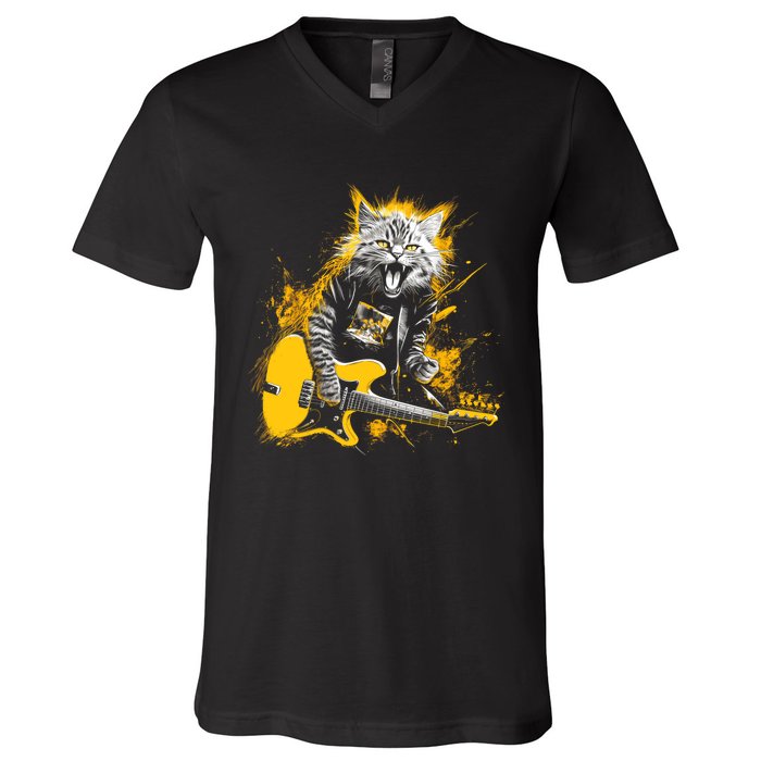 Cat Playing Guitar Kitten Plays Guitarist Rockstar V-Neck T-Shirt