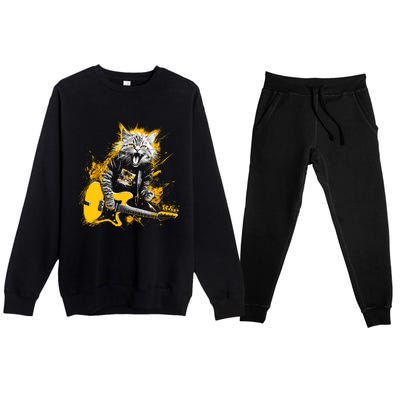 Cat Playing Guitar Kitten Plays Guitarist Rockstar Premium Crewneck Sweatsuit Set