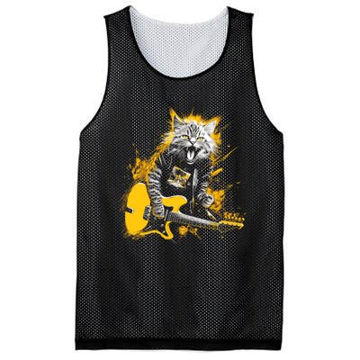 Cat Playing Guitar Kitten Plays Guitarist Rockstar Mesh Reversible Basketball Jersey Tank