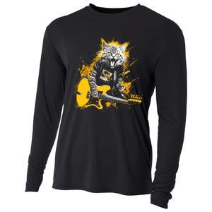 Cat Playing Guitar Kitten Plays Guitarist Rockstar Cooling Performance Long Sleeve Crew