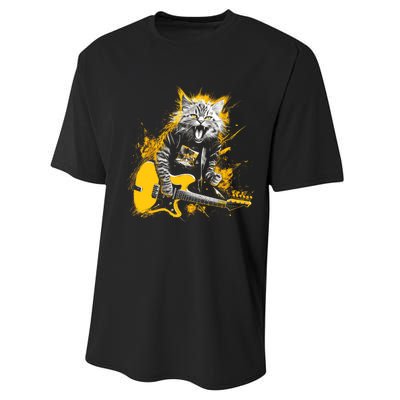 Cat Playing Guitar Kitten Plays Guitarist Rockstar Performance Sprint T-Shirt