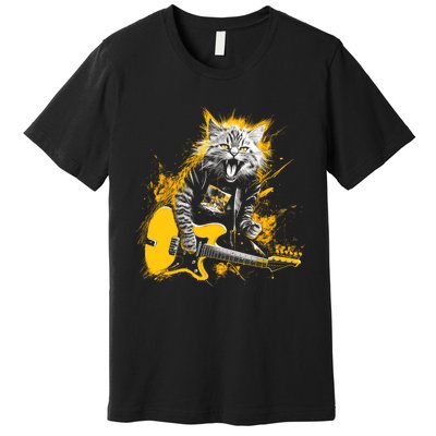 Cat Playing Guitar Kitten Plays Guitarist Rockstar Premium T-Shirt