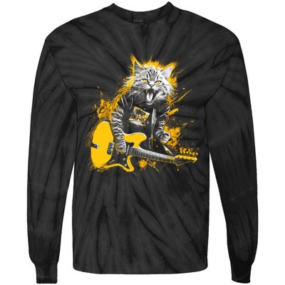 Cat Playing Guitar Kitten Plays Guitarist Rockstar Tie-Dye Long Sleeve Shirt