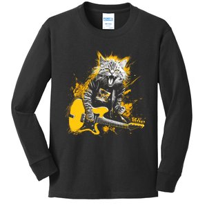 Cat Playing Guitar Kitten Plays Guitarist Rockstar Kids Long Sleeve Shirt