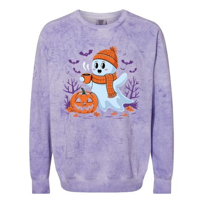 Cute Pumpkin Ghost Ing Coffee Halloween Ghost Fall Fans Gift Colorblast Crewneck Sweatshirt