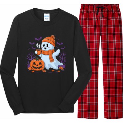 Cute Pumpkin Ghost Ing Coffee Halloween Ghost Fall Fans Gift Long Sleeve Pajama Set