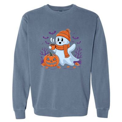 Cute Pumpkin Ghost Ing Coffee Halloween Ghost Fall Fans Gift Garment-Dyed Sweatshirt