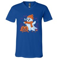 Cute Pumpkin Ghost Ing Coffee Halloween Ghost Fall Fans Gift V-Neck T-Shirt