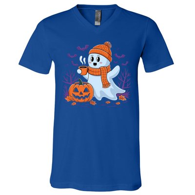 Cute Pumpkin Ghost Ing Coffee Halloween Ghost Fall Fans Gift V-Neck T-Shirt