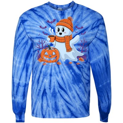 Cute Pumpkin Ghost Ing Coffee Halloween Ghost Fall Fans Gift Tie-Dye Long Sleeve Shirt