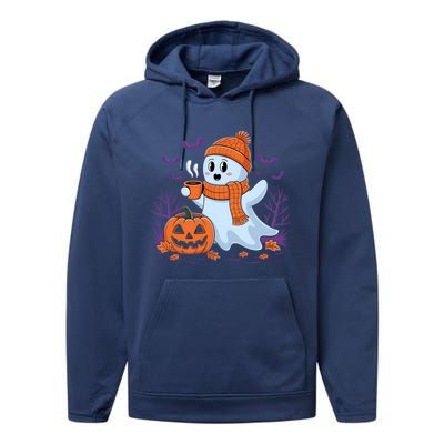 Cute Pumpkin Ghost Ing Coffee Halloween Ghost Fall Fans Gift Performance Fleece Hoodie