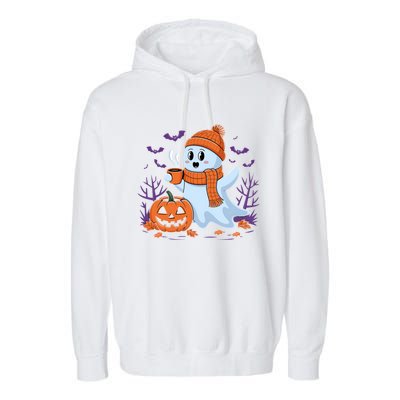 Cute Pumpkin Ghost Ing Coffee Halloween Ghost Fall Fans Gift Garment-Dyed Fleece Hoodie