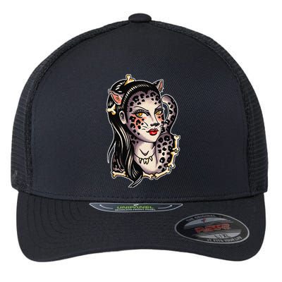 Cheetah Pretty Girl X Bones Traditional Tattoo Flash Flexfit Unipanel Trucker Cap