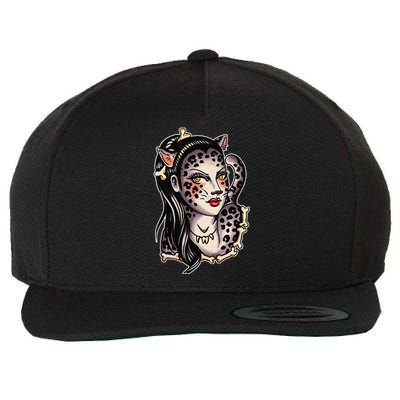 Cheetah Pretty Girl X Bones Traditional Tattoo Flash Wool Snapback Cap