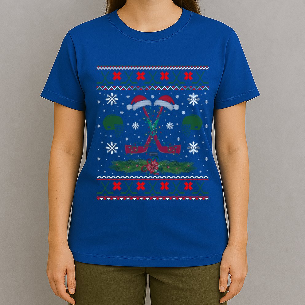 Christmas Pajama Hockey Ball Lover Cute Santa Hat Lights Gift T-Shirt