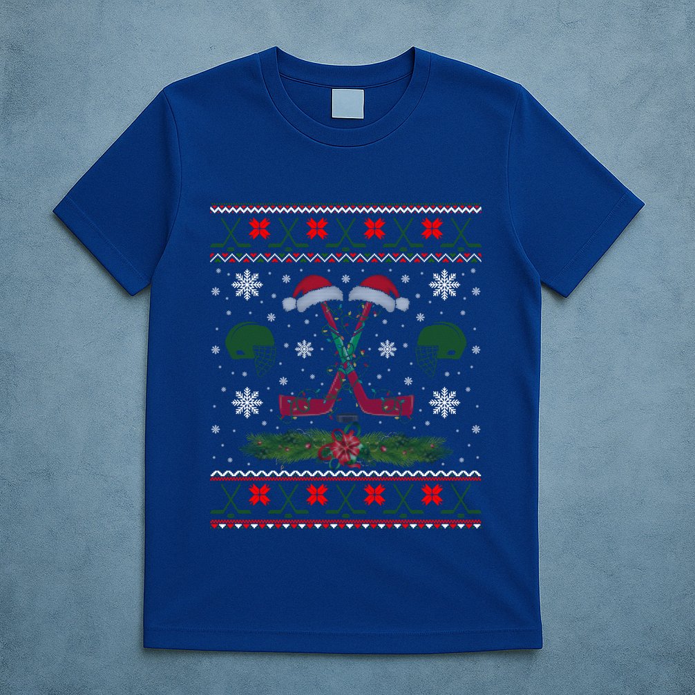 Christmas Pajama Hockey Ball Lover Cute Santa Hat Lights Gift T-Shirt