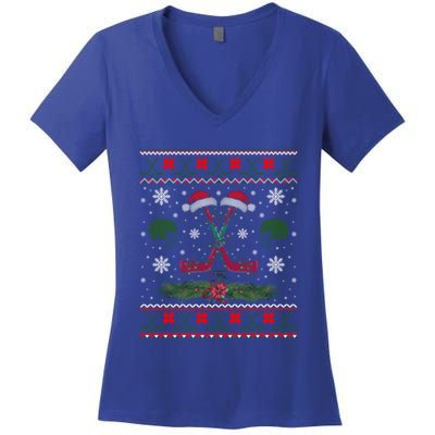 Christmas Pajama Hockey Ball Lover Cute Santa Hat Lights Gift Women's V-Neck T-Shirt