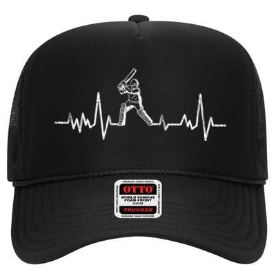 Cricket Player Heartbeat Gift EKG Cricket Fans Lover Funny High Crown Mesh Back Trucker Hat