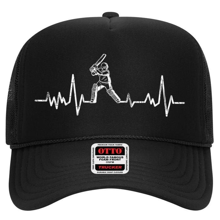 Cricket Player Heartbeat Gift EKG Cricket Fans Lover Funny High Crown Mesh Back Trucker Hat