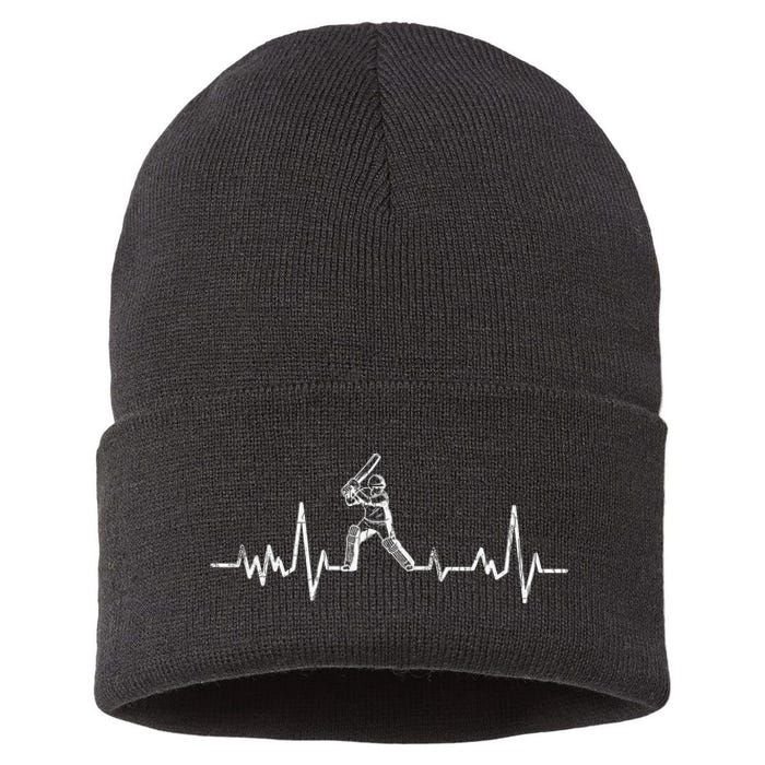 Cricket Player Heartbeat Gift EKG Cricket Fans Lover Funny Sustainable Knit Beanie