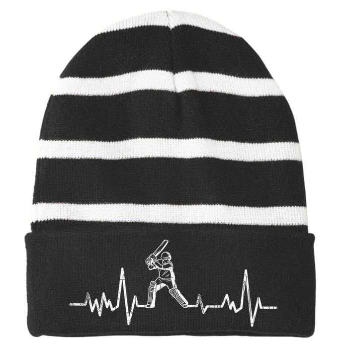 Cricket Player Heartbeat Gift EKG Cricket Fans Lover Funny Striped Beanie with Solid Band