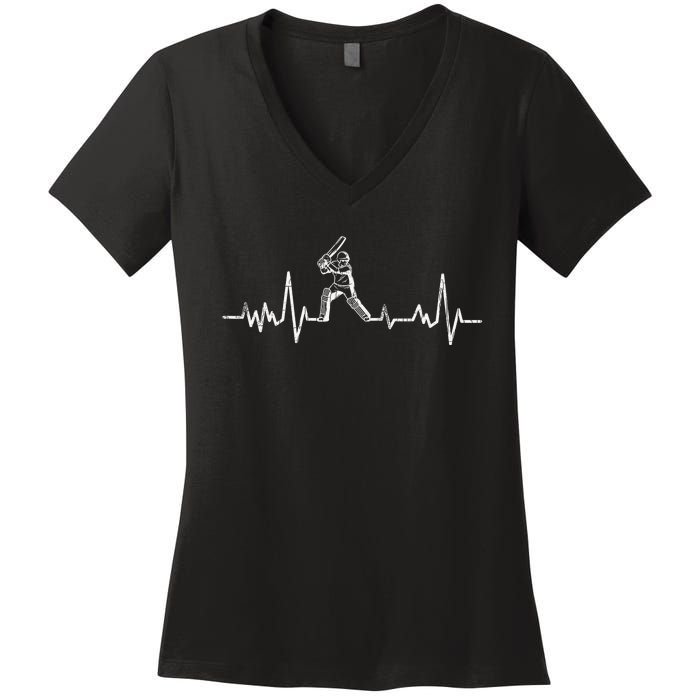 Cricket Player Heartbeat Gift EKG Cricket Fans Lover Funny Women's V-Neck T-Shirt