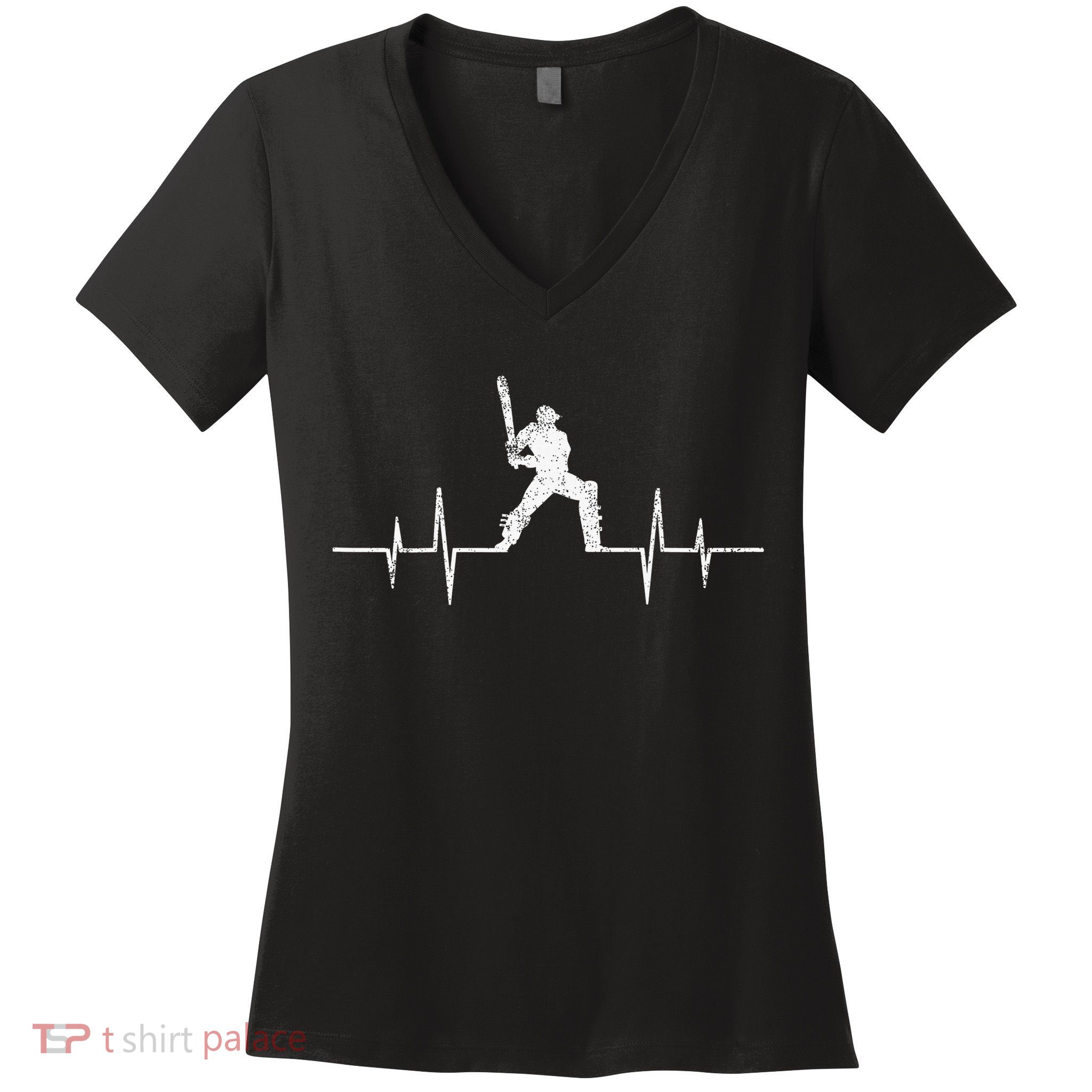 Cricket Player Heartbeat Gift EKG Cricket Fans Lover Funny Women's V-Neck T-Shirt
