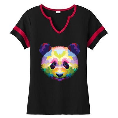 Cute Panda's Head Colorful Artistic Geometric Panda Lover Ladies Halftime Notch Neck Tee