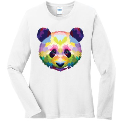 Cute Panda's Head Colorful Artistic Geometric Panda Lover Ladies Long Sleeve Shirt