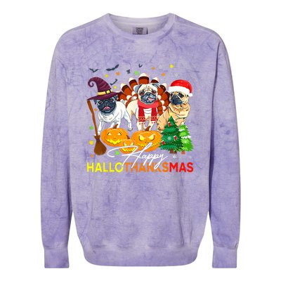 Cute Pug Happy Hallothanksmas Halloween Thanksgiving Xmas Colorblast Crewneck Sweatshirt