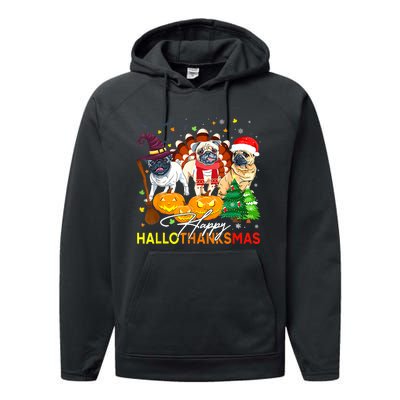 Cute Pug Happy Hallothanksmas Halloween Thanksgiving Xmas Performance Fleece Hoodie