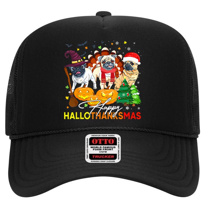 Cute Pug Happy Hallothanksmas Halloween Thanksgiving Xmas High Crown Mesh Back Trucker Hat