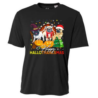 Cute Pug Happy Hallothanksmas Halloween Thanksgiving Xmas Cooling Performance Crew T-Shirt