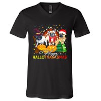 Cute Pug Happy Hallothanksmas Halloween Thanksgiving Xmas V-Neck T-Shirt