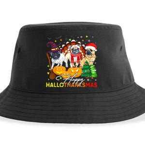 Cute Pug Happy Hallothanksmas Halloween Thanksgiving Xmas Sustainable Bucket Hat