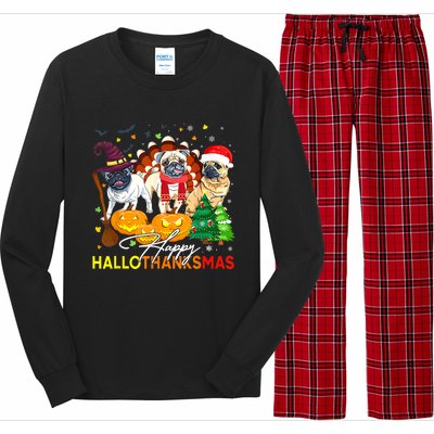 Cute Pug Happy Hallothanksmas Halloween Thanksgiving Xmas Long Sleeve Pajama Set