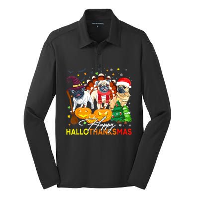 Cute Pug Happy Hallothanksmas Halloween Thanksgiving Xmas Silk Touch Performance Long Sleeve Polo