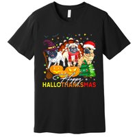 Cute Pug Happy Hallothanksmas Halloween Thanksgiving Xmas Premium T-Shirt