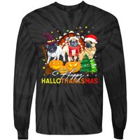 Cute Pug Happy Hallothanksmas Halloween Thanksgiving Xmas Tie-Dye Long Sleeve Shirt