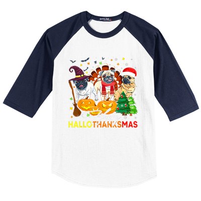 Cute Pug Happy Hallothanksmas Halloween Thanksgiving Xmas Baseball Sleeve Shirt