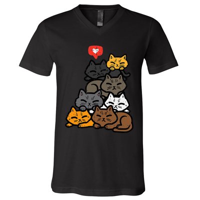 Cat Pile Heart Kawaii Kitten Anime V-Neck T-Shirt