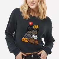 Cat Pile Heart Kawaii Kitten Anime Cropped Pullover Crew