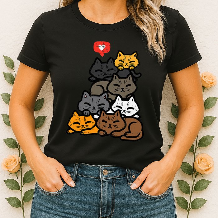 Cat Pile Heart Kawaii Kitten Anime Womens T-Shirt