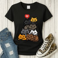 Cat Pile Heart Kawaii Kitten Anime Womens T-Shirt