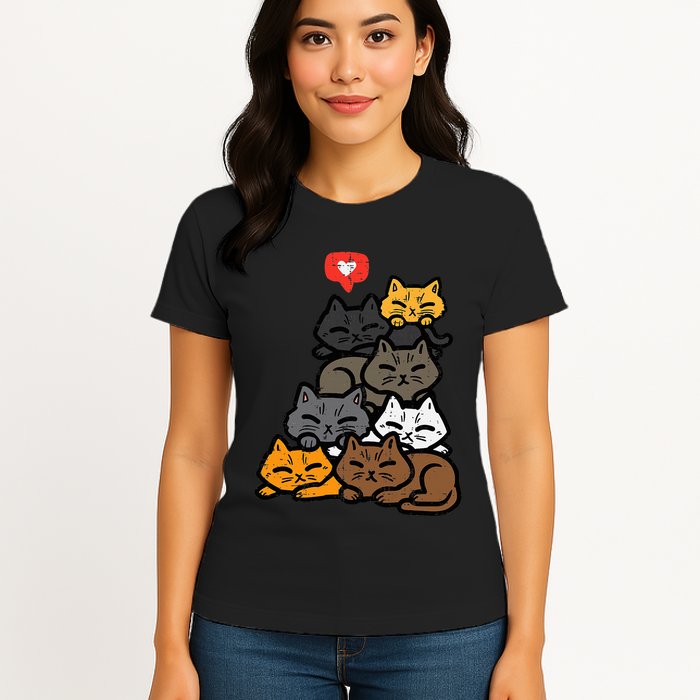 Cat Pile Heart Kawaii Kitten Anime Womens T-Shirt