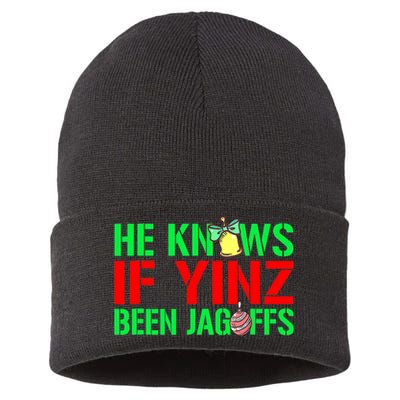Christmas Pittsburghese He Knows If Yinz Been Jagoffs Sustainable Knit Beanie