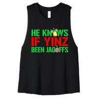 Christmas Pittsburghese He Knows If Yinz Been Jagoffs Women's Racerback Cropped Tank