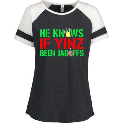 Christmas Pittsburghese He Knows If Yinz Been Jagoffs Enza Ladies Jersey Colorblock Tee