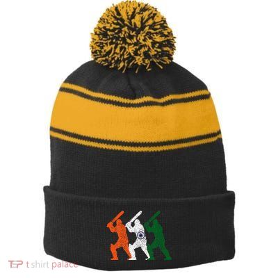 Cricket Player Indian Flag Vintage India Cricket Stripe Pom Pom Beanie