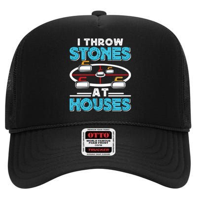 Curling Player I Throw Stones At Houses Curler Curling Gift High Crown Mesh Back Trucker Hat